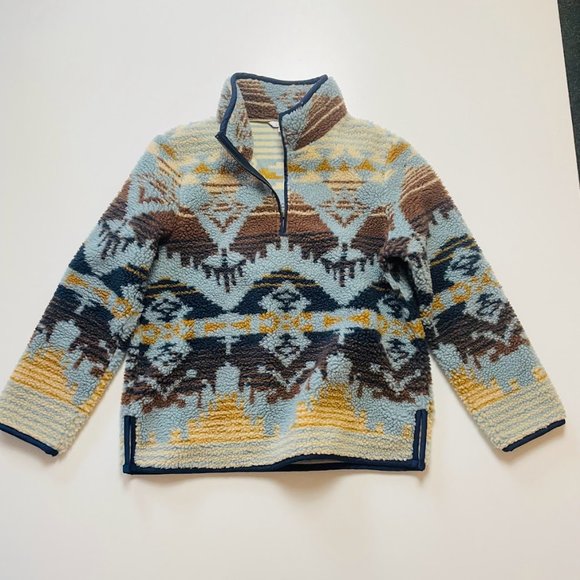 LL Bean Signature Sherpa Fleece Pullover 1/4 Zip Jacquard blue brown cream Mediu - Picture 8 of 11